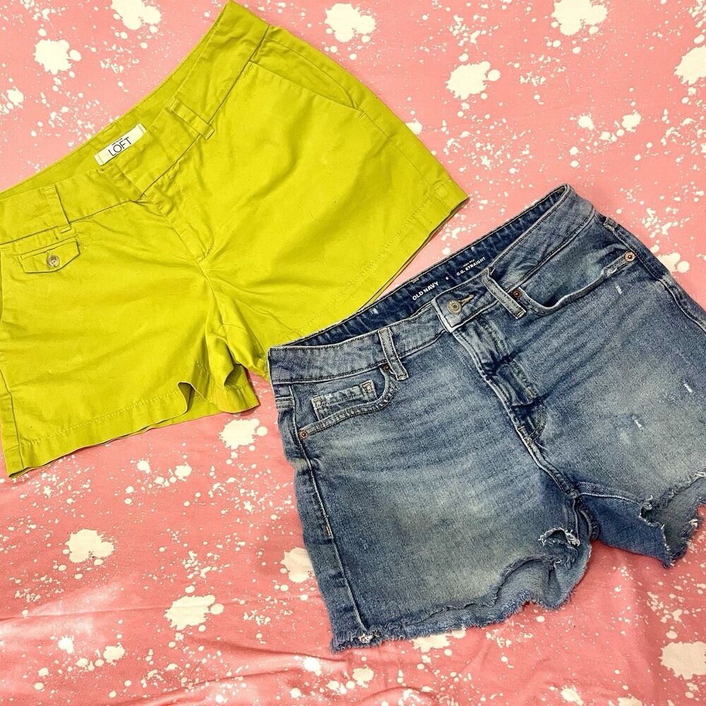 2 Pairs Shorts Women’s Sz6 Ann Taylor Lime Green Chinos & Old Navy Denim Cut Off